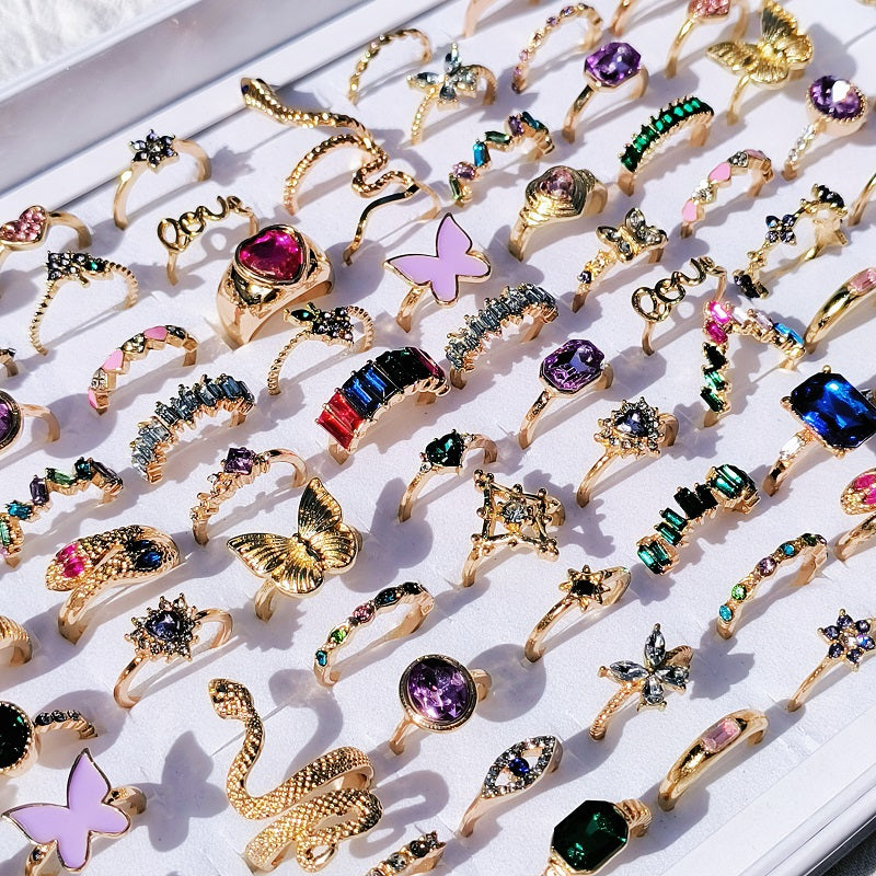 20Pcs/Lot Trendy Colorful Rings for Women Mix Design Luxury Rhinestone Butterfly Snake Finger Ring Jewelry