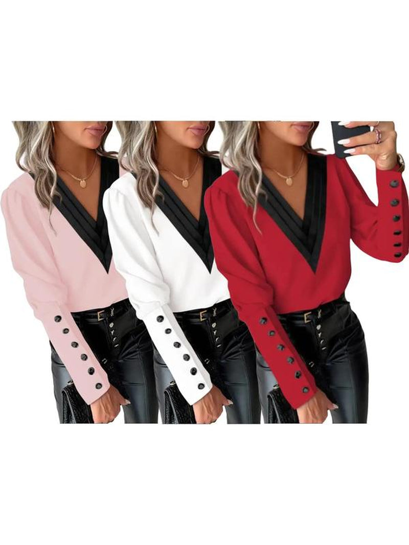 Women'S Patchwork Print Button Leg-Of-Mutton Sleeve Blouse, Elegant V Neck Long Sleeve Top for Work Office Business, Ladies Clothes for All Seasons, Womenswear