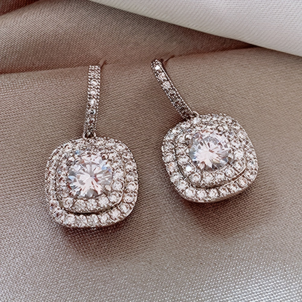 Exquisite Square Shiny Zircon Dangle Earrings - Retro Elegant Style, Silver Plated, Hypoallergenic, Wedding Banquet Accessories, Ideal Gift for Her, Fashion Jewelry for Women