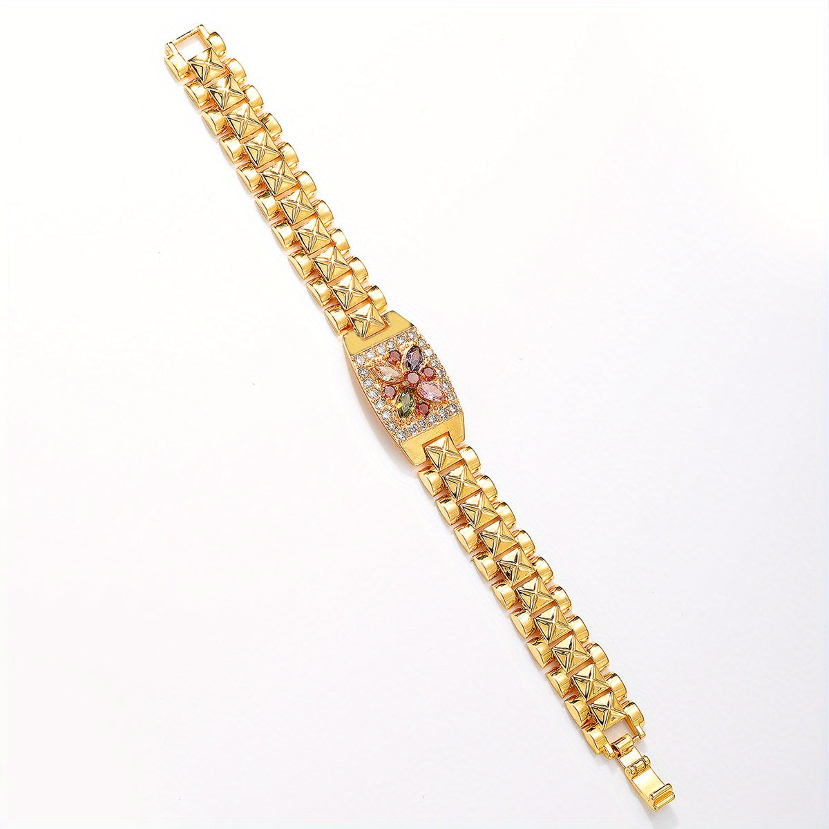 Elegant Golden-Tone Zirconia Flower Bracelet - Luxurious Copper Design with Sparkling Cubic Zirconia, Versatile & Stylish for Everyday and Vacation Wear, Daily Wear Jewelry|Floral Bracelet|Synthetic Zirconia Stones