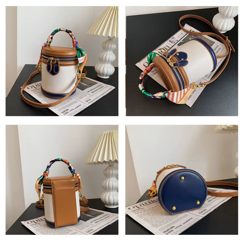 Exquisite PU Leather Bucket Bag Women New Cylinder Portable Hand Bag Large Capacity Shoulder Crossbody Bag for Travel Shopping