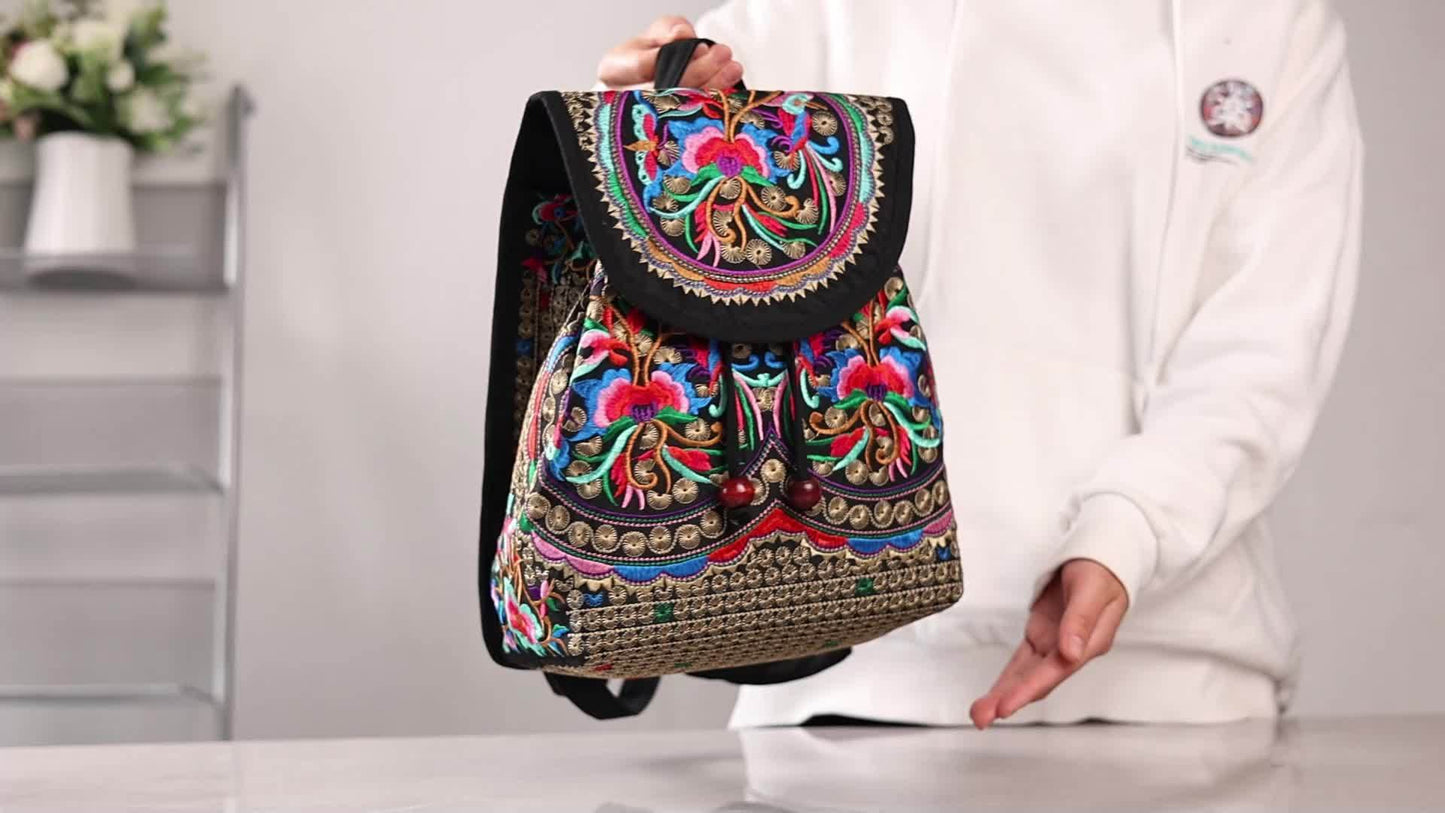 GUDAOBELL Vintage Embroidered Women's Backpack, Ethnic Style Travel Daypack Bag, Tote Shoulder Bag