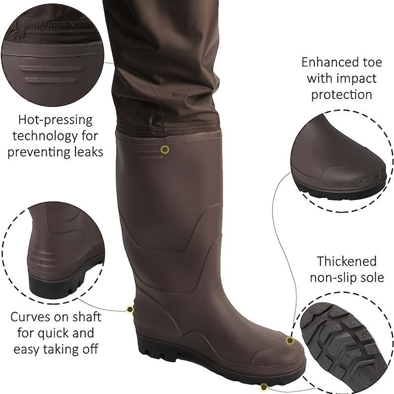 Waterproof Nylon PVC Coating Hip Wader - 1 Pair Brown Outdoor Pants for Farming/Fishing - Drying Hook and Waterproof Phone Case