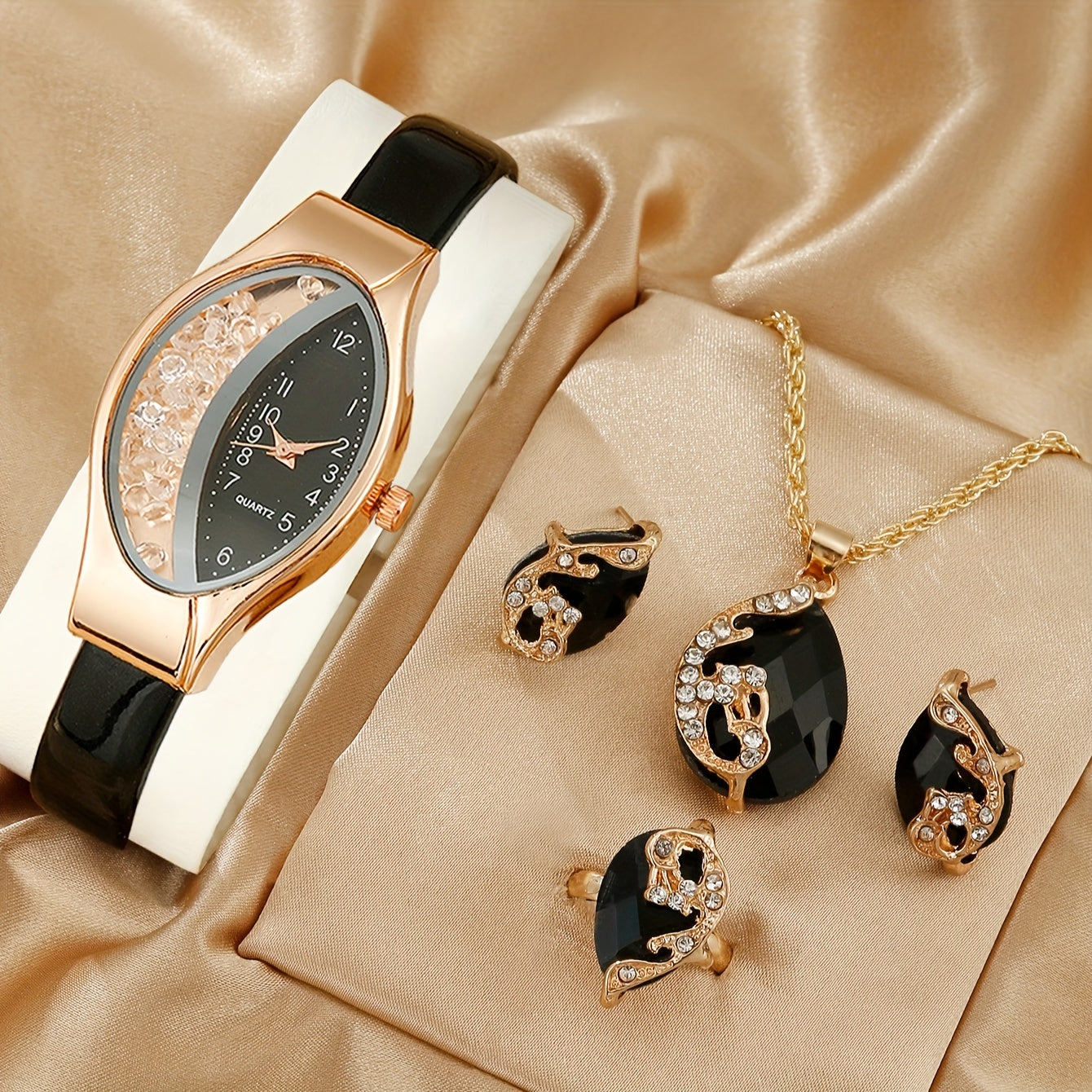 5pcs/set Women's Watch Quicksand Oval Pointer Quartz Watch Analog PU Leather Wrist Watch & Jewelry Set, Gift For Mom Her