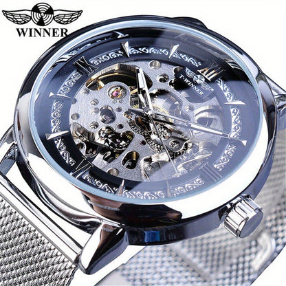 Stainless Steel Automatic Mens Watch - Fashionable Hollow Design, Mesh Strap, Water-resistant for Business & Casual Wear