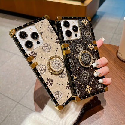 Flower Faux Leather Pattern Belt Ring Holder Can Rotate 360° Four Corners Reinforced Full Package Anti-fall Wear-resistant Simple Retro Personality New TPU Mobile Phone Case Suitable for 11/11pro/11promax/12/12pro/12promax/1