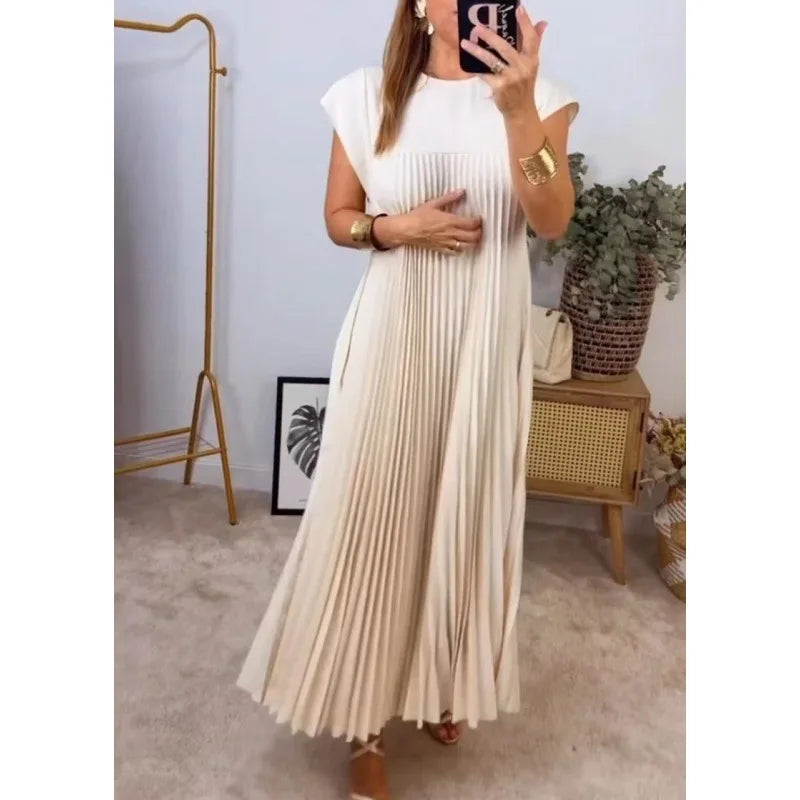 Pleated Dresses O Neck Pullover Dress Women Sexy Vestidos Solid Casual Dress Ankle Length Loose Fit Pockets 2024 Summer Folds