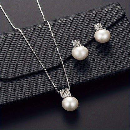 Fashionable Women'S Imitation Pearl Necklace And Earring Jewelry Set, Featuring a Simple Square Rhinestone Pendant And Stud Earrings, Perfect As a Two-Piece Accessory Gift for Birthdays, Parties, Celebrations, And Holidays, I