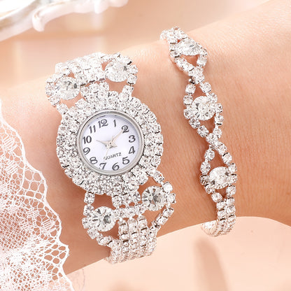 2pcs/set Women's Watch Luxury Rhinestone Quartz Bracelet Watch Elegant Analog Wrist Watch & Bracelet, Gift For Mom Her