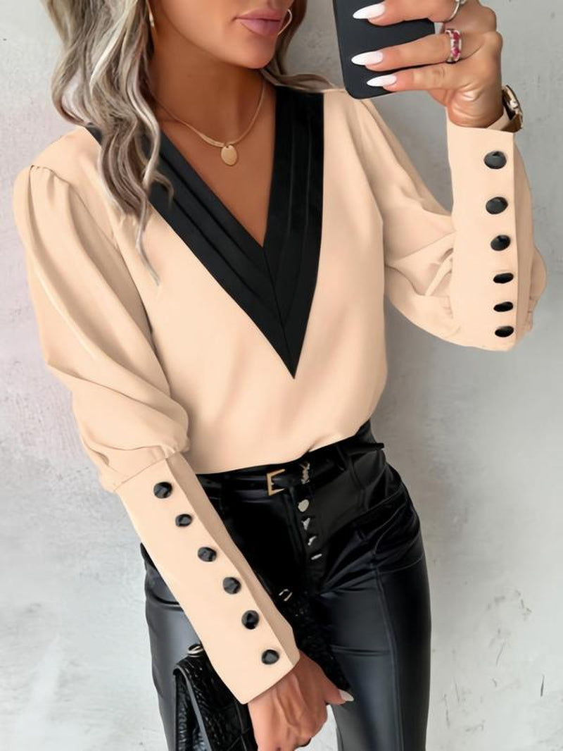 Women'S Patchwork Print Button Leg-Of-Mutton Sleeve Blouse, Elegant V Neck Long Sleeve Top for Work Office Business, Ladies Clothes for All Seasons, Womenswear