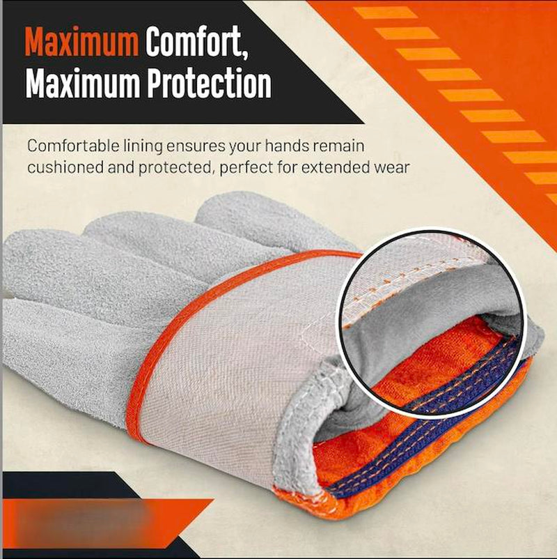 Leather Work Gloves for Men - Heavy Duty Premium Split Cowhide Leather Palm Working Gloves for Construction, Equipment Operation, Demolition, Landscaping, & DIY Projects
