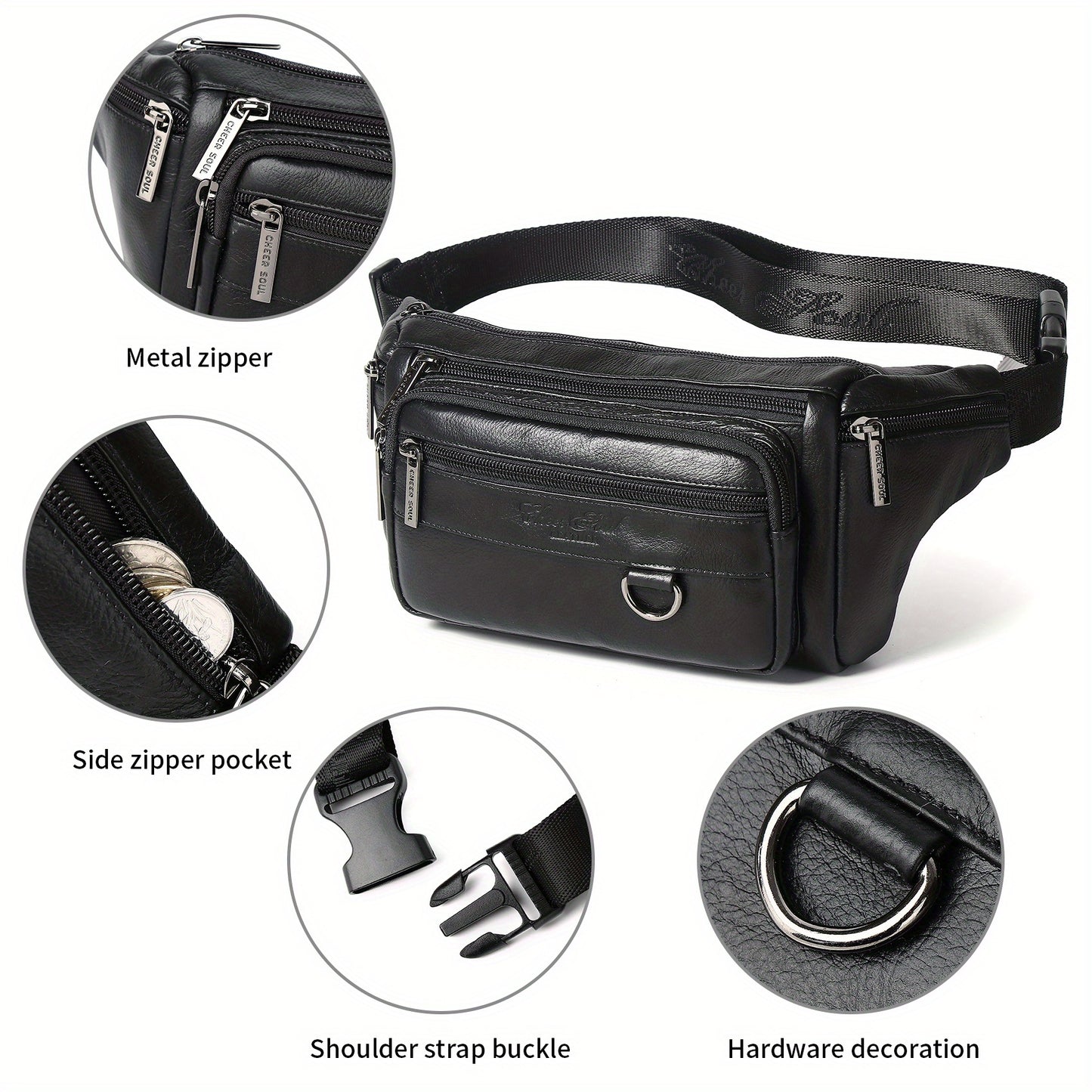 Genuine Leather Men's Waist Bag/Women's Multifunctional Hip Bag/Stylish Multi-Pocket Travel Sports Backpack for Hiking, Cycling, Fishing, And Running