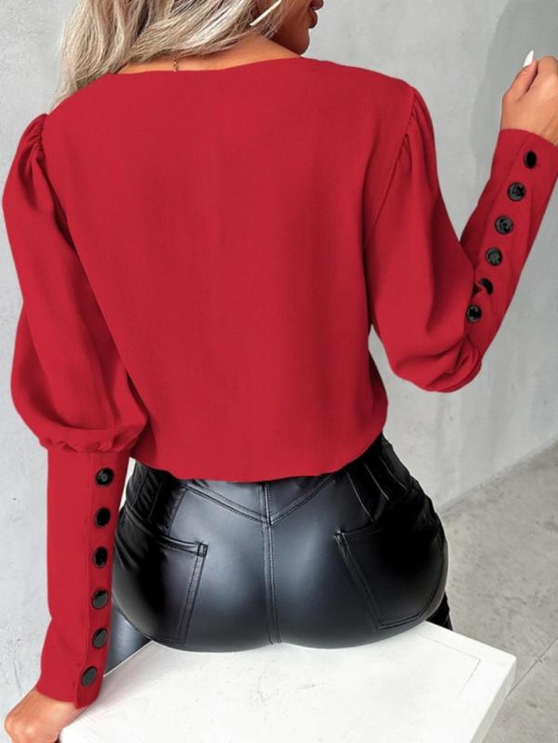 Women'S Patchwork Print Button Leg-Of-Mutton Sleeve Blouse, Elegant V Neck Long Sleeve Top for Work Office Business, Ladies Clothes for All Seasons, Womenswear