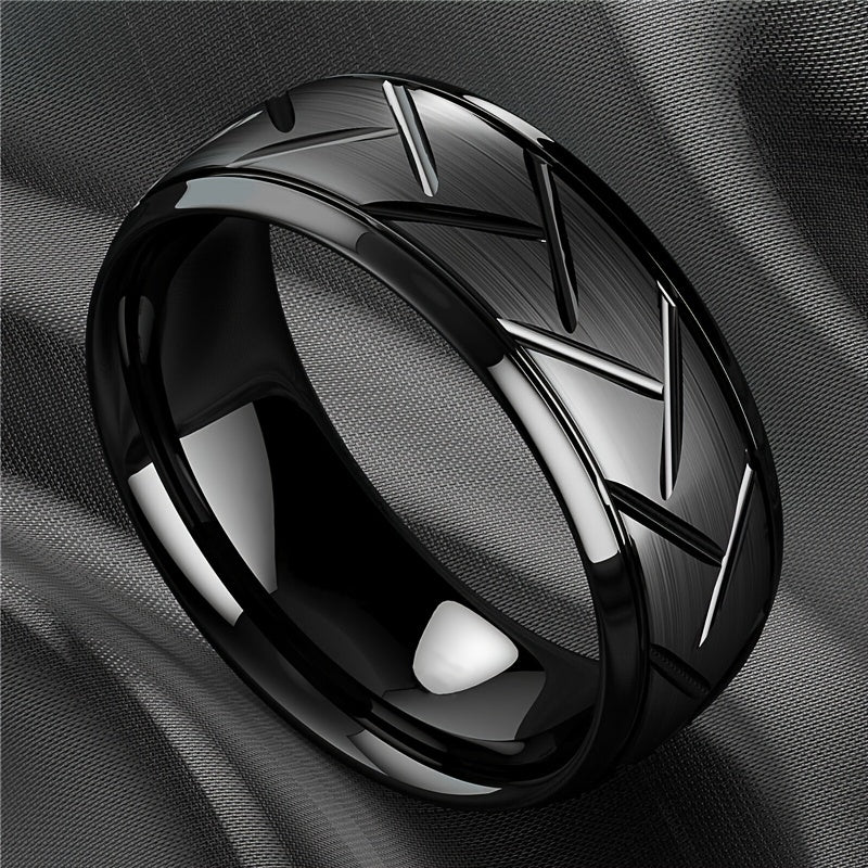 1pc 8MM Luxury Black Titanium Steel Ring - High Quality, Fashion Simple Design, Black Stainless Steel Wire Groove Tire Ring - For Men - Perfect Gift for Him - Anniversary, Birthday, Valentine's Day