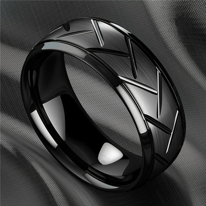 1pc 8MM Luxury Black Titanium Steel Ring - High Quality, Fashion Simple Design, Black Stainless Steel Wire Groove Tire Ring - For Men - Perfect Gift for Him - Anniversary, Birthday, Valentine's Day