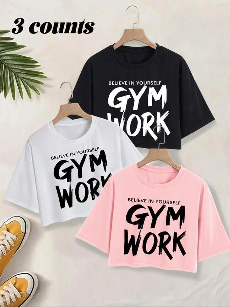 Women'S Letter Gym Work Print Drop Shoulder Short Tee, Casual Short Sleeve round Neck T-Shirt for Summer, Ladies Clothes for Daily Wear