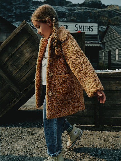 Girls' Lamb Fur Jacket | JOMAKE Korean-Style Lapel Collar, Two-Tone, Warm Windbreaker with Pockets, Lining, Button Closure, Long Sleeves for Winter
