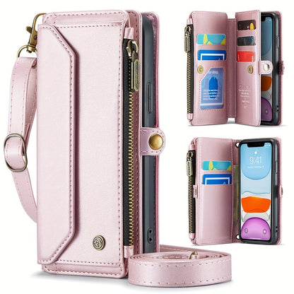 Long Lanyard PU Flip Leather Phone Case For IPhone 15 14 13 12 11Pro Max Mini XR XS 8 7 Plus SE 2022 Zipper Wallet Card Bags Cover