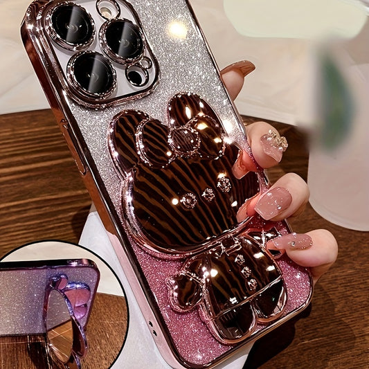 Deluxe Electroplated Phone Case, Invisible Makeup Mirror, Cute Rabbit Phone Holder And Hidden Bracket Shockproof Ultra-thin Protection Suitable For IPhone 11/12/13/14/15 Pro Max