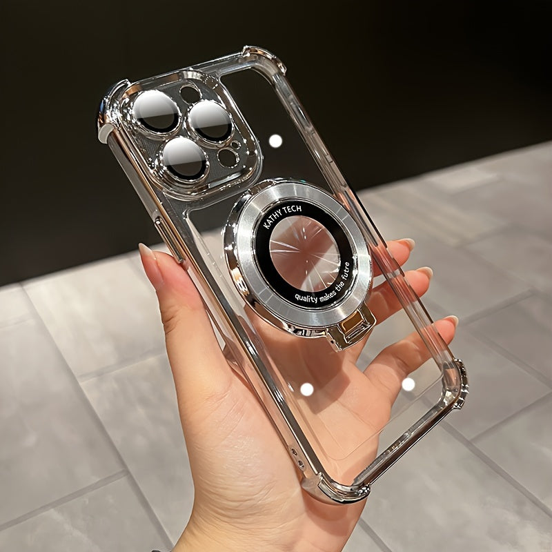 Luxury Magnetic Holder Wireless Charging Plating Clear Phone Case For IPhone 11/12/13/14/15 Pro Max Plus Shockproof Transparent Hard Phone Back Cover With Bracket