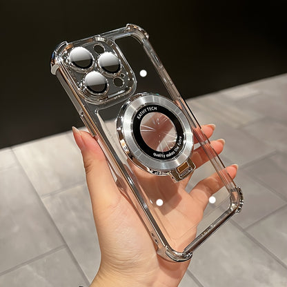 Luxury Magnetic Holder Wireless Charging Plating Clear Phone Case For IPhone 11/12/13/14/15 Pro Max Plus Shockproof Transparent Hard Phone Back Cover With Bracket