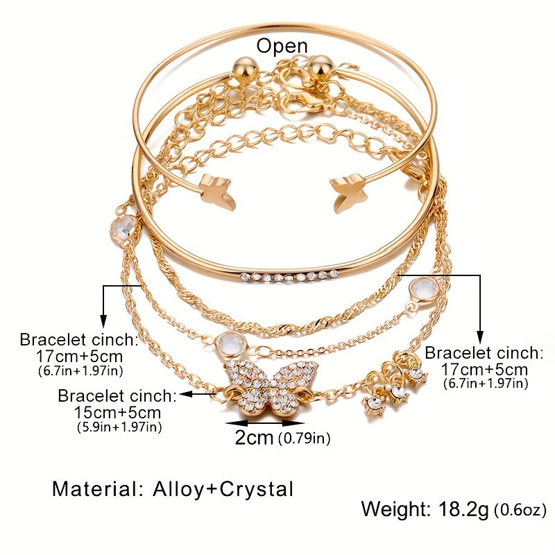 5pcs Elegant Alloy Bracelet Set with Rhinestone Butterfly Charms, Simple Daily & Gift Occasion Jewelry, All-Season Accessory
