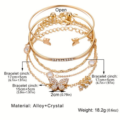 5pcs Elegant Alloy Bracelet Set with Rhinestone Butterfly Charms, Simple Daily & Gift Occasion Jewelry, All-Season Accessory