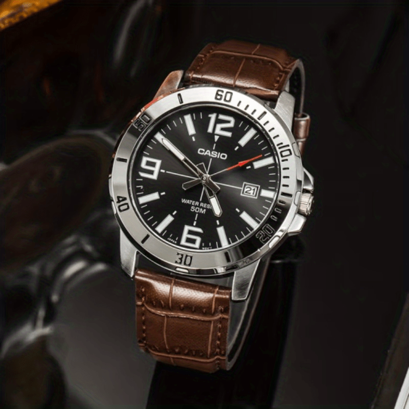 CASIO Authentic Quartz Watch - Original Design with Calendar, 50M Water Resistant, Analog Dial - Stylish Genuine Leather Strap for Men and Women