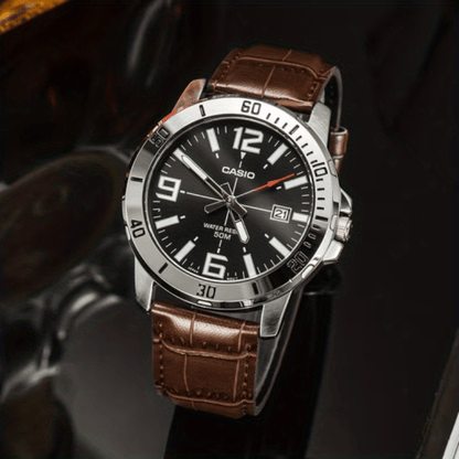 CASIO Authentic Quartz Watch - Original Design with Calendar, 50M Water Resistant, Analog Dial - Stylish Genuine Leather Strap for Men and Women