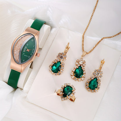 5pcs/set Women's Watch Quicksand Oval Pointer Quartz Watch Analog PU Leather Wrist Watch & Jewelry Set, Gift For Mom Her