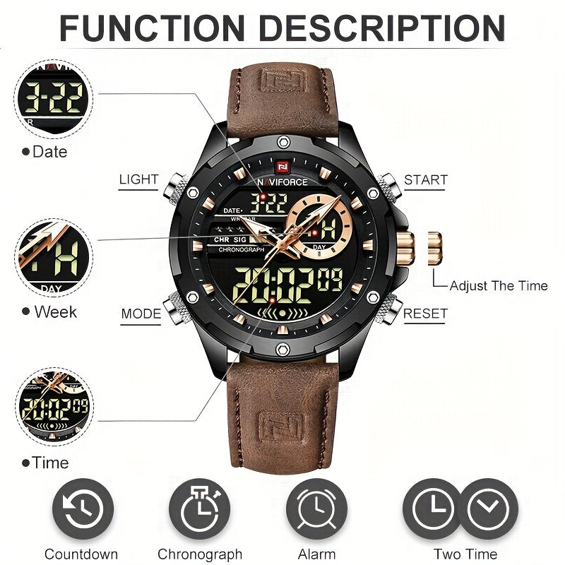 NAVIFORCE Men's Waterproof LED Dual Display Quartz Watch, Big Dial Chronograph Function Watch