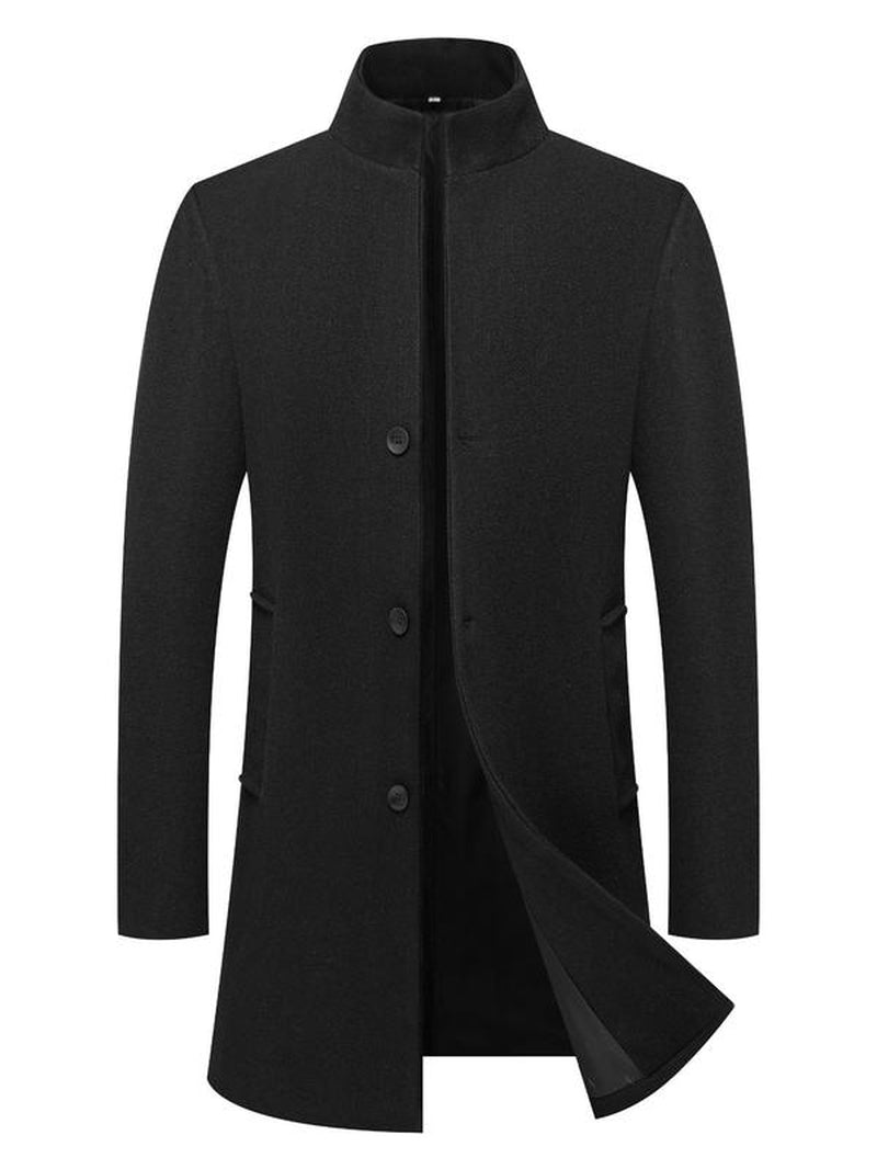 Men'S Solid Button Front Stand Collar Coat, Regular Fit Casual Long Sleeve Outerwear for Fall & Winter, Men'S Clothes for Daily Wear, Work Office Jacket