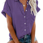 Women'S Short Sleeve V-Neck Button-Up Shirt with Pockets - Light Gray, Casual Summer Top, Perfect for Vacation or Casual Attire, Vacation Clothing | Buttonup Shirt | Glossy Texture