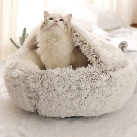 [Warm|Pet Bed] 2-in-1 Round Warm Pet Bed | Polyester Cat Bed, Long Plush, Winter, with Sleeping Bag Sofa Cushion for Cat