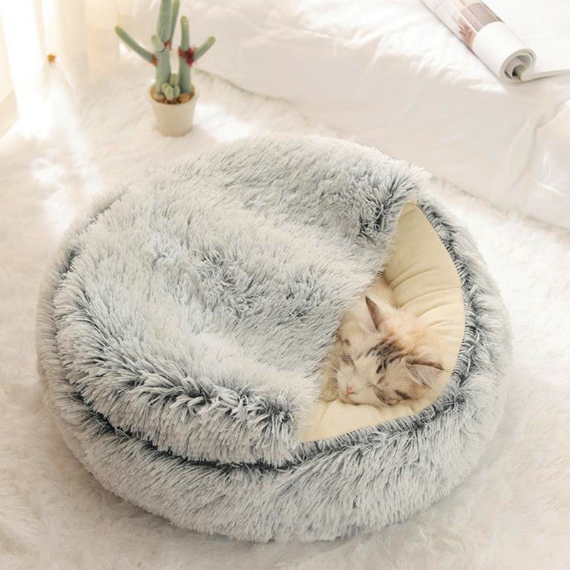 [Warm|Pet Bed] 2-in-1 Round Warm Pet Bed | Polyester Cat Bed, Long Plush, Winter, with Sleeping Bag Sofa Cushion for Cat