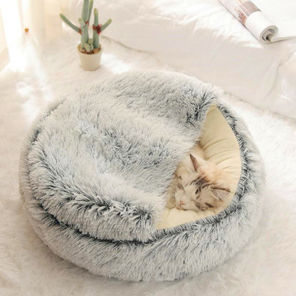 [Warm|Pet Bed] 2-in-1 Round Warm Pet Bed | Polyester Cat Bed, Long Plush, Winter, with Sleeping Bag Sofa Cushion for Cat