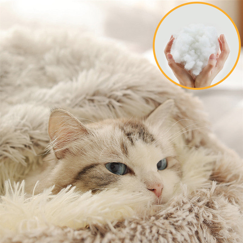 [Warm|Pet Bed] 2-in-1 Round Warm Pet Bed | Polyester Cat Bed, Long Plush, Winter, with Sleeping Bag Sofa Cushion for Cat