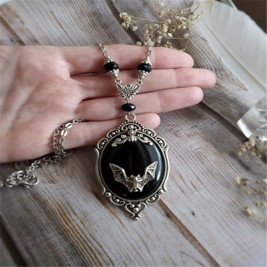 Black Gothic Bat Pendant, Women Gothic Necklace, Vampire Bat Necklace, Witch Necklace, Witch Jewelry, Moon Pendant, Moon Jewelry