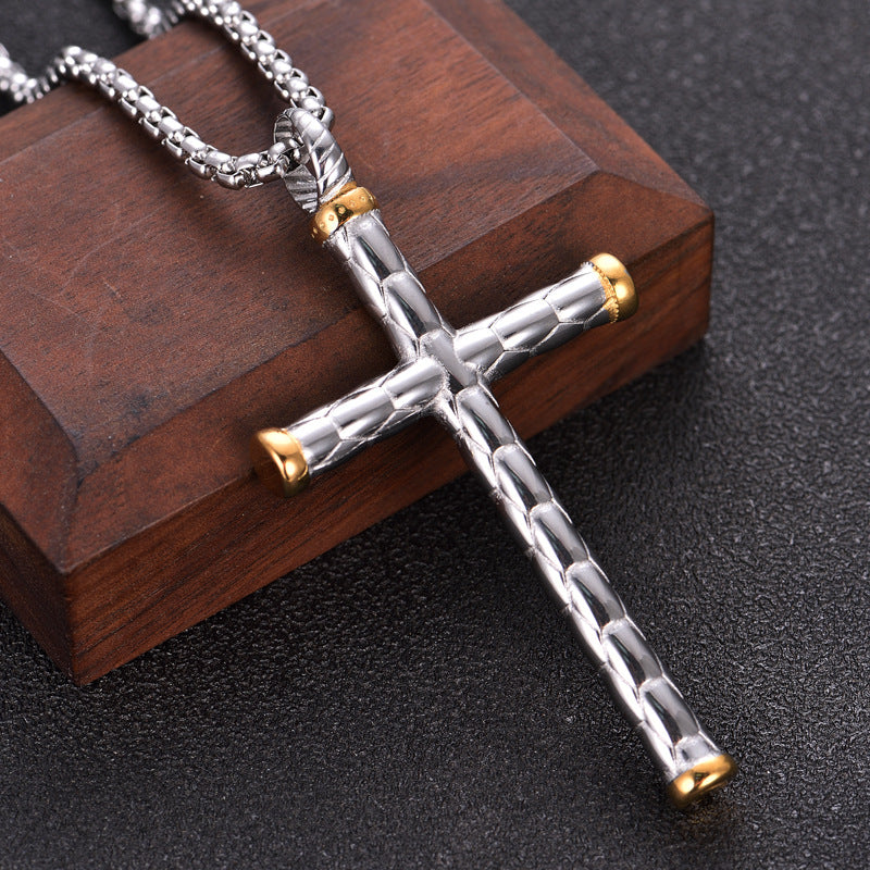 1pc Men's Religious Cross Pendant Choker Necklace - Stainless Steel Chain - Golden/Silvery Color - Fashion Jewelry - Perfect Gift for Men