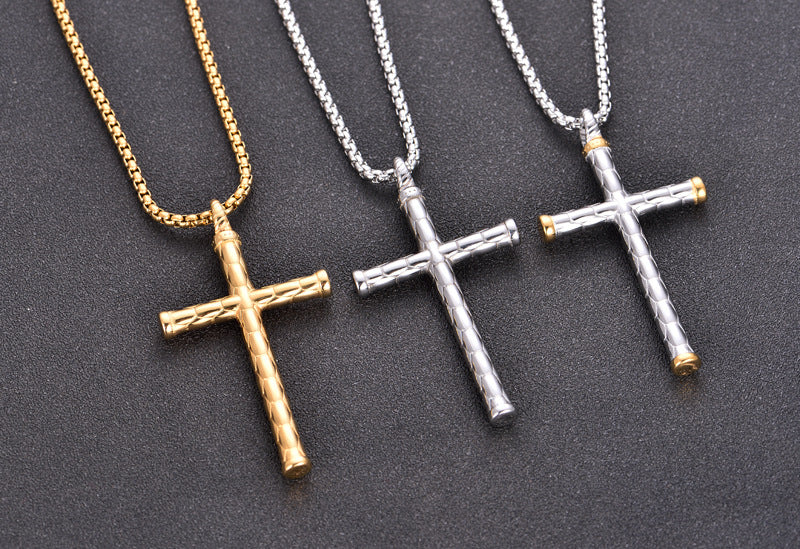 1pc Men's Religious Cross Pendant Choker Necklace - Stainless Steel Chain - Golden/Silvery Color - Fashion Jewelry - Perfect Gift for Men