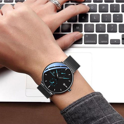 Mens Slim Quartz Watch - Luminous Date Display, Water Resistant, Stainless Steel Mesh Strap, Ideal Gift for Him, Stylish Sport Wristwatch for Everyday Wear