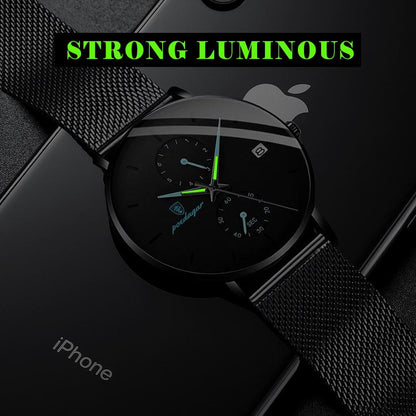 Mens Slim Quartz Watch - Luminous Date Display, Water Resistant, Stainless Steel Mesh Strap, Ideal Gift for Him, Stylish Sport Wristwatch for Everyday Wear