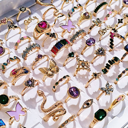 20Pcs/Lot Trendy Colorful Rings for Women Mix Design Luxury Rhinestone Butterfly Snake Finger Ring Jewelry
