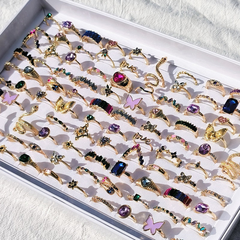 20Pcs/Lot Trendy Colorful Rings for Women Mix Design Luxury Rhinestone Butterfly Snake Finger Ring Jewelry