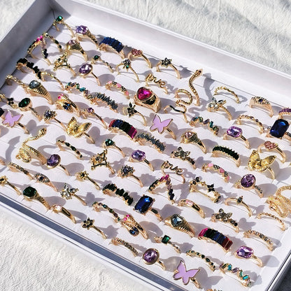 20Pcs/Lot Trendy Colorful Rings for Women Mix Design Luxury Rhinestone Butterfly Snake Finger Ring Jewelry