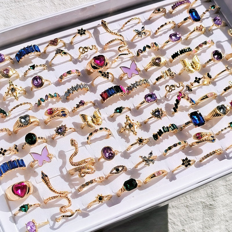 20Pcs/Lot Trendy Colorful Rings for Women Mix Design Luxury Rhinestone Butterfly Snake Finger Ring Jewelry