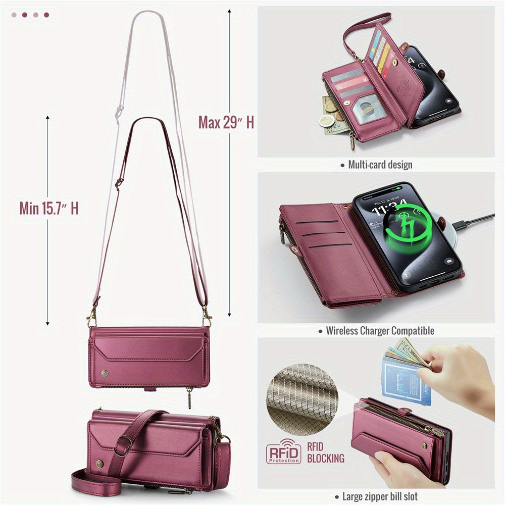 Long Lanyard PU Flip Leather Phone Case For IPhone 15 14 13 12 11Pro Max Mini XR XS 8 7 Plus SE 2022 Zipper Wallet Card Bags Cover