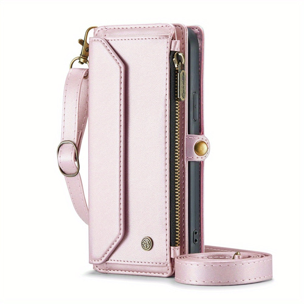 Long Lanyard PU Flip Leather Phone Case For IPhone 15 14 13 12 11Pro Max Mini XR XS 8 7 Plus SE 2022 Zipper Wallet Card Bags Cover