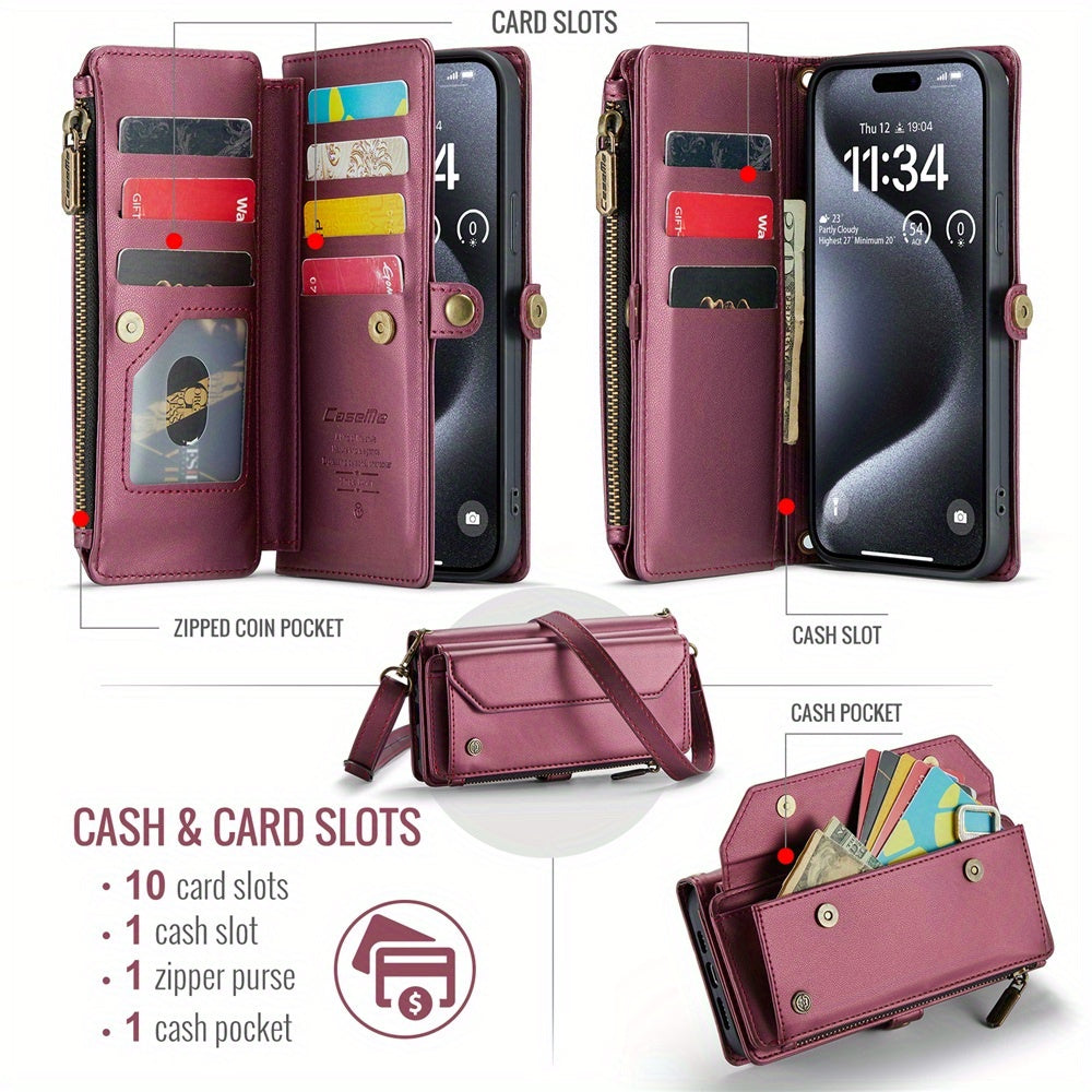 Long Lanyard PU Flip Leather Phone Case For IPhone 15 14 13 12 11Pro Max Mini XR XS 8 7 Plus SE 2022 Zipper Wallet Card Bags Cover