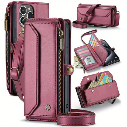 Long Lanyard PU Flip Leather Phone Case For IPhone 15 14 13 12 11Pro Max Mini XR XS 8 7 Plus SE 2022 Zipper Wallet Card Bags Cover